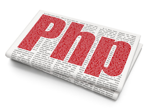 Software concept: Pixelated red text Php on Newspaper background, 3D rendering