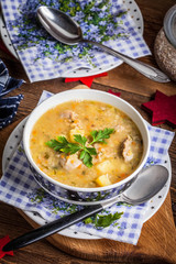 Soup with barley and chicken gizzards.