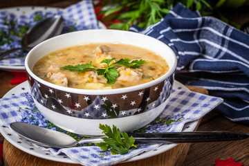 Soup with barley and chicken gizzards.
