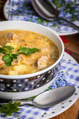 Soup with barley and chicken gizzards.