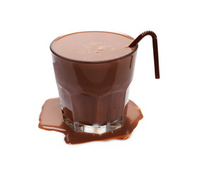 Chocolate milk in glass with drinking straw isolated on white background
