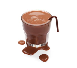 Chocolate milk in glass with drinking straw isolated on white background