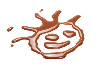 Spilled chocolate milk puddle, emoji, smiley face isolated on white background