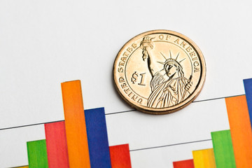 one dollar coin on fluctuating graph. Rate of the us dollar (shallow DOF)