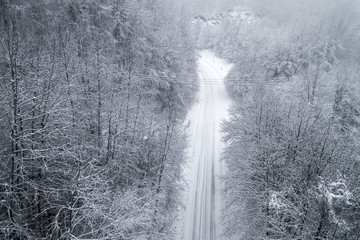 Aerial view of snowy forest with a road