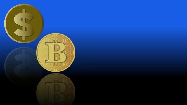 Video animation with bank and finance element. Golden coins with currency symbols on dark gradient background. Dollar, bitcoin, shekel, pound, yen with mirror image.