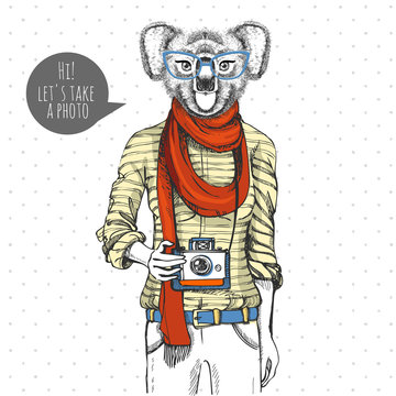 Retro Hipster animal koala with photo camera. Woman model