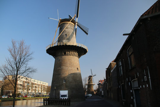 Windmill along river Schie in the city of Schiedam, The Netherlands