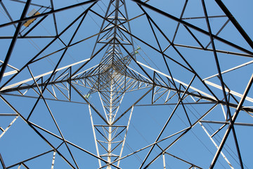 Inside an electric pylon looking upwards to the sky