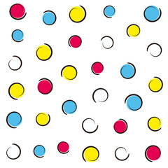 Pop art colorful confetti background. Colored spots and circles on white background with ink curves. Vector illustration.