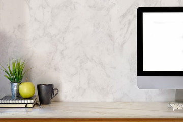 Mock up office desk and modern computer.