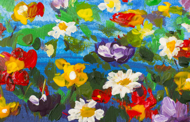 Original handmade abstract oil painting bright flowers made palette knife. Red, yellow, blue, purple abstract flowers. Macro impasto painting. © weris7554