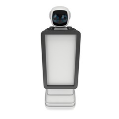 Robot Promoter Trade show booth with Blank LCD Screen. 3d render isolated on white background. Ad template promo bot for your expo design.