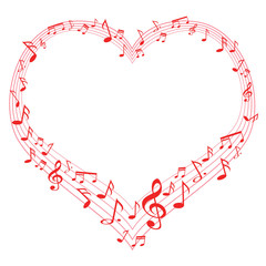 Music of love, music notes in heart shape