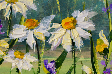 Oil painting of white daisies flowers, beautiful field flowers on canvas. Palette knife Impasto artwork. Hand painted floral artwork. © weris7554