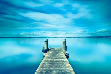 Foto auf Acrylglas Halftone color. Abstract landscape. Wooden pier on Lake Zug in Switzerland. Long exposure. © patma145