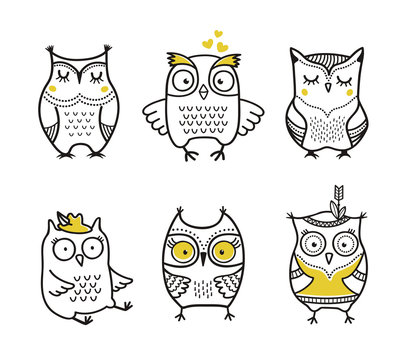 Cute hand drawn owls vector set