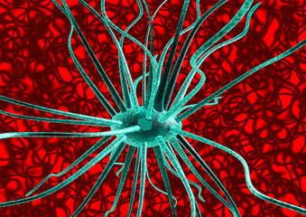 Neuron. Active nerve cell in human neural system. Braincell. 3D illustration.
