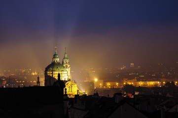 Prague, Church of St. Nicholas, foggy evening