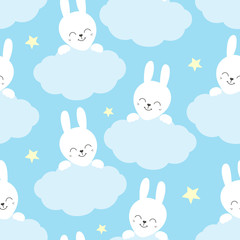 Cute baby pattern with little bunny. Cartoon animal kids print vector seamless. Sweet background with white rabbit and clouds for children fabric, home textile, nursery poster or birthday party.