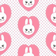 Cute baby pattern with little bunny. Cartoon animal girl print vector seamless. Pink background for princess birthday party, children wallpaper, clothing fabric, bedroom textile, kids pajamas.