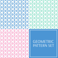 Pastel abstract geometric pattern seamless vector. Modern background set with mosaic print. Design for cosmetic package, wallpaper, backdrop, textile, fabric, gift wrapping paper, cards template.