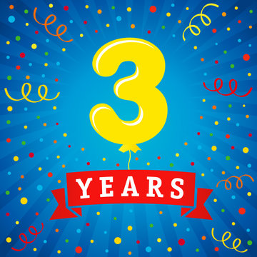 3 years anniversary celebration with colored balloon & confetti. Vector illustration design for your Celebration party the 3th years template number anniversary unique background, invitation, card