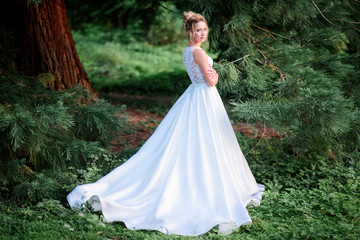 Obraz na płótnie Canvas Stunning bride in elegant dress poses in the green park