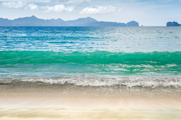 El Nido mountain view from Las Cabanas beach in Palawan island, Philippines