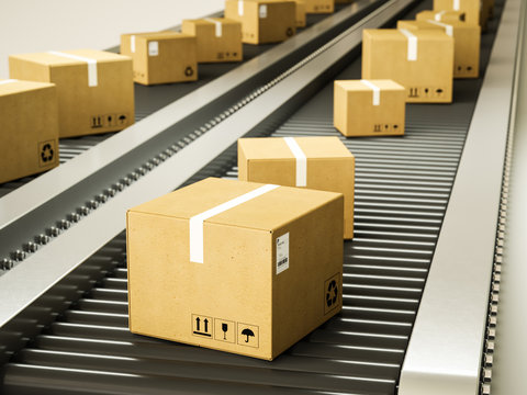 Package delivery, parcels on conveyor belt