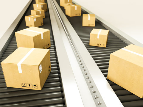 Package delivery, parcels on conveyor belt