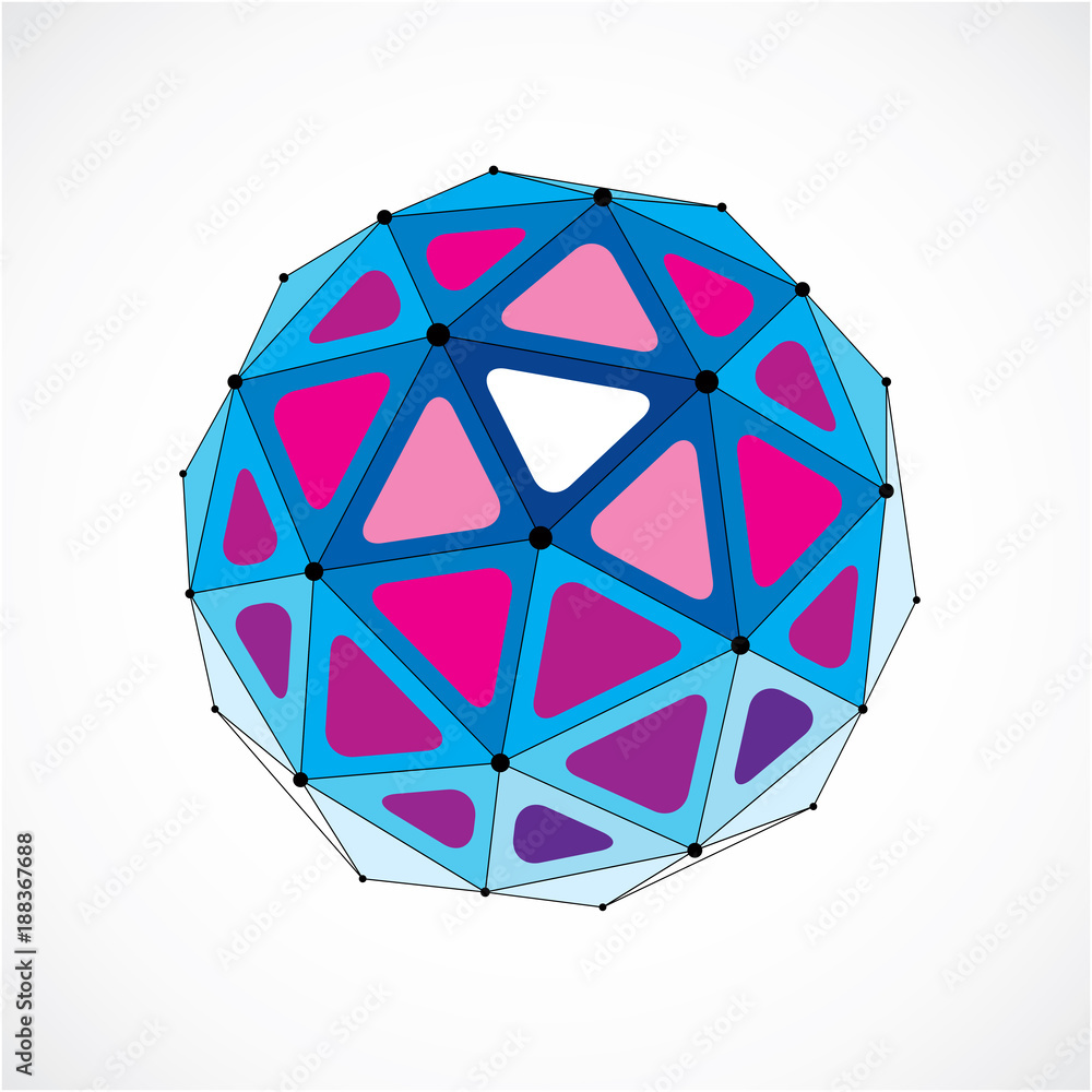 Poster vector dimensional wireframe low poly object, purple spherical shape with black grid. technology 3d 