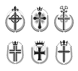 Fototapeta na wymiar Christian Crosses emblems set. Heraldic vector design elements collection. Retro style label, heraldry logo.