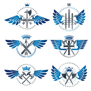 Vintage Weapon Emblems set. Heraldic signs vector vintage elements collection.