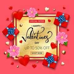 Fototapeta na wymiar Valentines day sale background with hearts, flowers, gift box and hand lettering. Vector. Wallpaper.flyers, invitation, posters, brochure banners