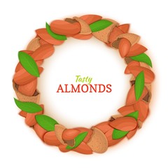 Round frame composed of almond nut. Vector card illustration. Nuts filbert frame, hazelnut fruit in the shell, shelled, leaves for packaging design food, butter, oil, detox cosmetics cream