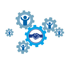 Successful Business and Leader creative logo, handshake pact sign, vector conceptual symbol isolated on white background. Special and unique sign. Gears and cogs system.