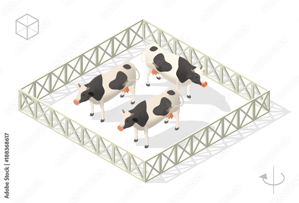 Poster set of isolated isometric minimal city elements . cows with shadows on transparent background