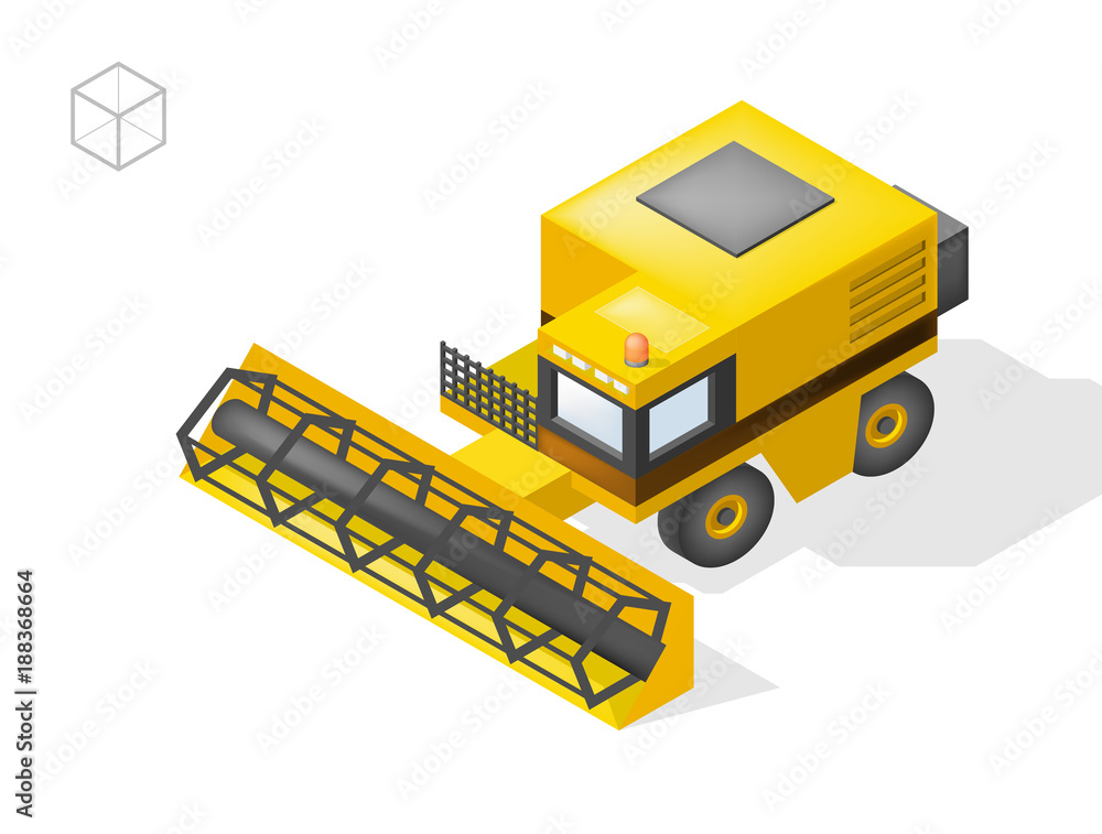Poster set of isolated isometric minimal city elements . harvester with shadows on white background