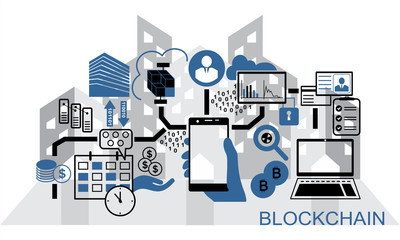 Blockchain vector background illustration with hand holding smartphone and icons. Blockchain concept.