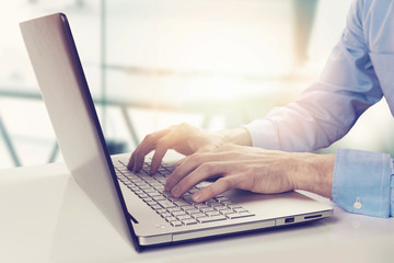 modern businessman working on laptop in bright sunny office