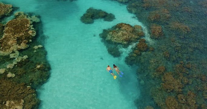 Cinematic aerial view of couple snorkeling over tropical reef in Hawaii