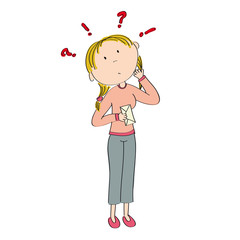 Young girl holding an envelope and wondering what is inside - original hand drawn illustration
