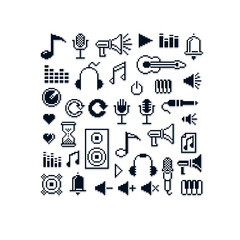 Fototapeta premium Vector pixel icons isolated, collection of 8bit music graphic elements. Simplistic digital signs created in music and media theme.