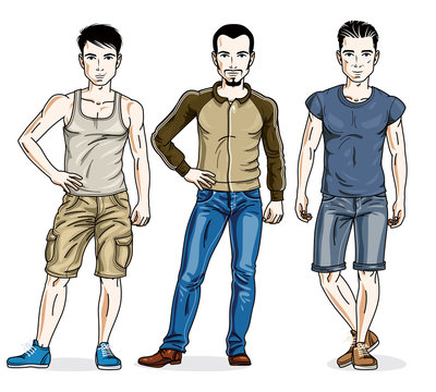 Handsome young men posing wearing casual clothes. Vector set of beautiful people illustrations. Lifestyle theme male characters.
