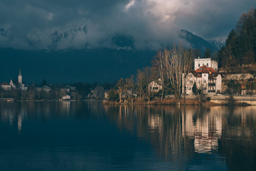 Castle of Bled. Bled castle. Sunset view of lake bled and mountains.