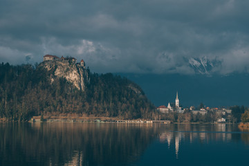 Castle of Bled. Bled castle. Sunset view of lake bled and mountains.