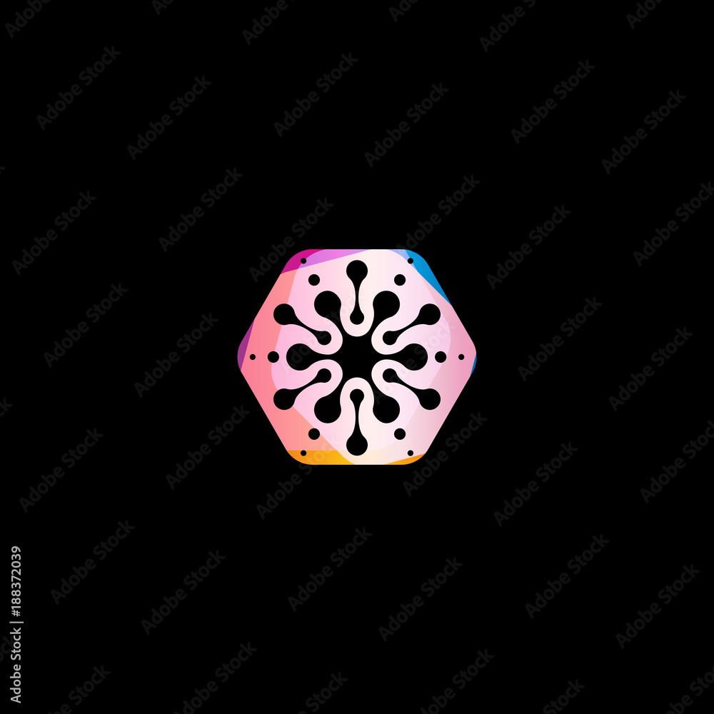 Poster Abstract snowflake colorful shape. Unusual circles star isolated vector logo template on black background.