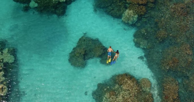 Cinematic aerial view of couple snorkeling over tropical reef in Hawaii