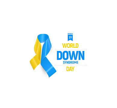 Down syndrome ribbon, blue and yellow medical emblem.